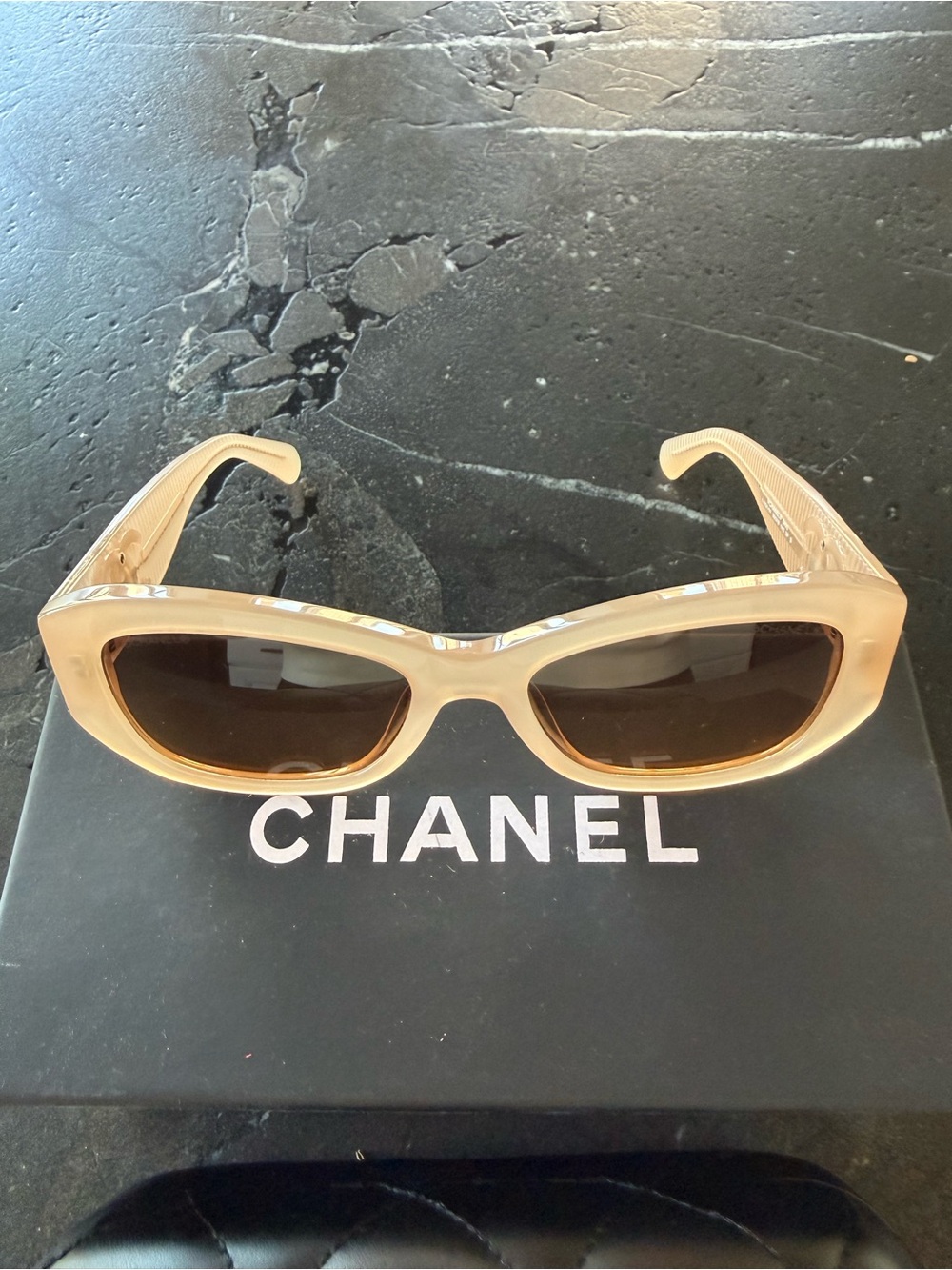 CHANEL Beige Rectangular Sunglasses with Dark Lenses